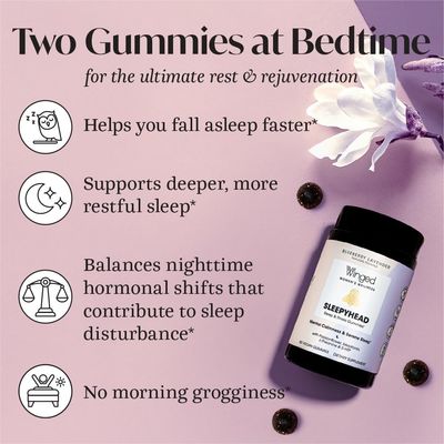 Winged Sleepyhead Gummies | Non-Habit Forming Natural Sleep Supplement | 8 Powerful Nutrients with Melatonin, L-Theanine, 5-HTP, Passionflower &amp; Lemon Balm | Blueberry Lavender Flavor (7 Servings)