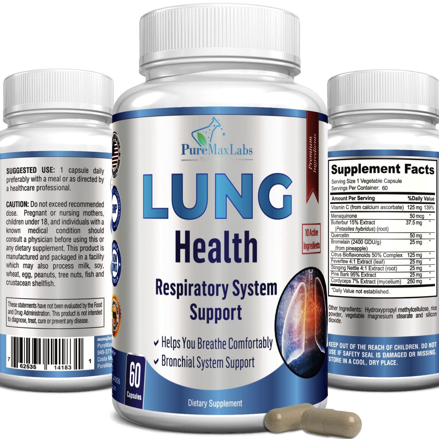 YUMMYVITE Lung Support Supplement, Lung Cleanse &amp; Lung Detox Formula, Lung Health Support for Clear Lungs, Comfortable Breathing, Bronchial Health, 60 Capsules