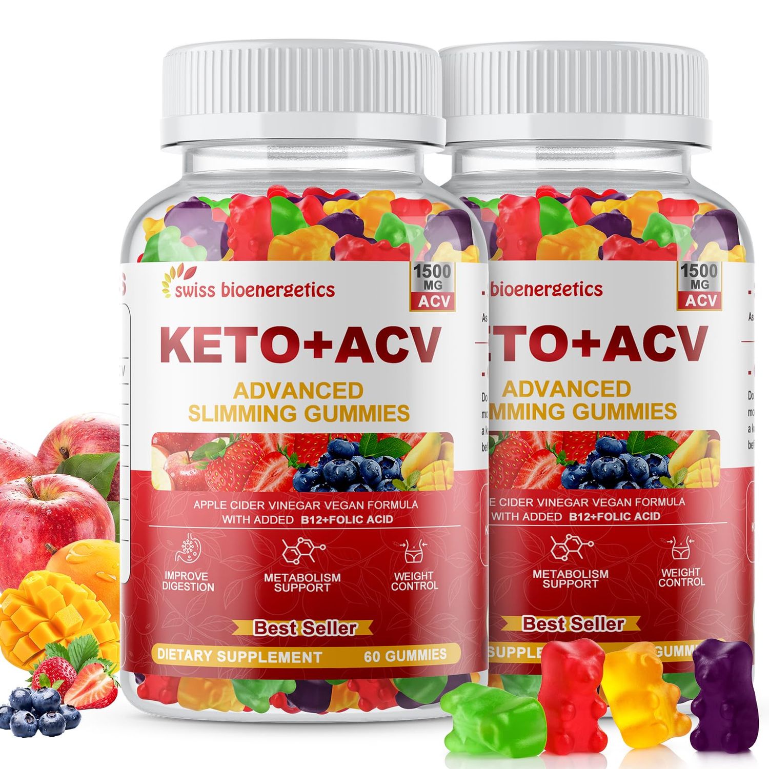(2 Pack) Keto Apple Cider Vinegar Gummies, Keto ACV Gummy Diet Supplement, Advanced 1500mg ACV Gummies with Folate, B12B6 and Keto Support for Women Men, Gelatin- Free, Vegan &amp; Non-GMO (Multi-Flavor)