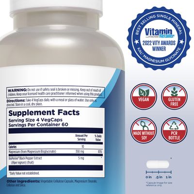 KAL Magnesium Glycinate, New &amp; Improved Fully Chelated High Absorption Formula with BioPerine, Bisglycinate Chelate for Stress, Relaxation, Muscle &amp; Bone Health Support, 60 Servings, 240 VegCaps