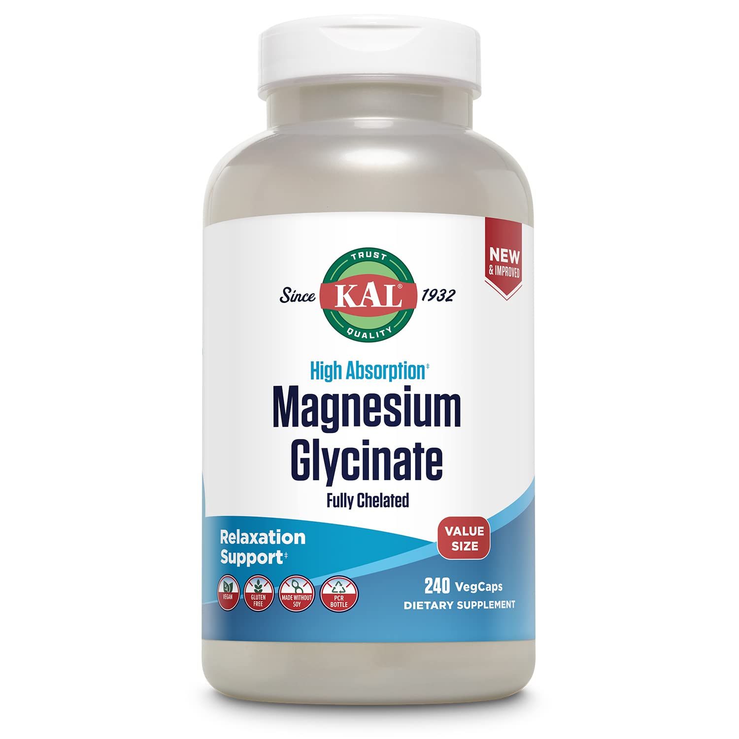 KAL Magnesium Glycinate, New &amp; Improved Fully Chelated High Absorption Formula with BioPerine, Bisglycinate Chelate for Stress, Relaxation, Muscle &amp; Bone Health Support, 60 Servings, 240 VegCaps