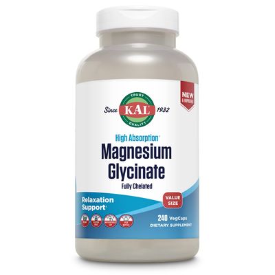 KAL Magnesium Glycinate, New &amp; Improved Fully Chelated High Absorption Formula with BioPerine, Bisglycinate Chelate for Stress, Relaxation, Muscle &amp; Bone Health Support, 60 Servings, 240 VegCaps