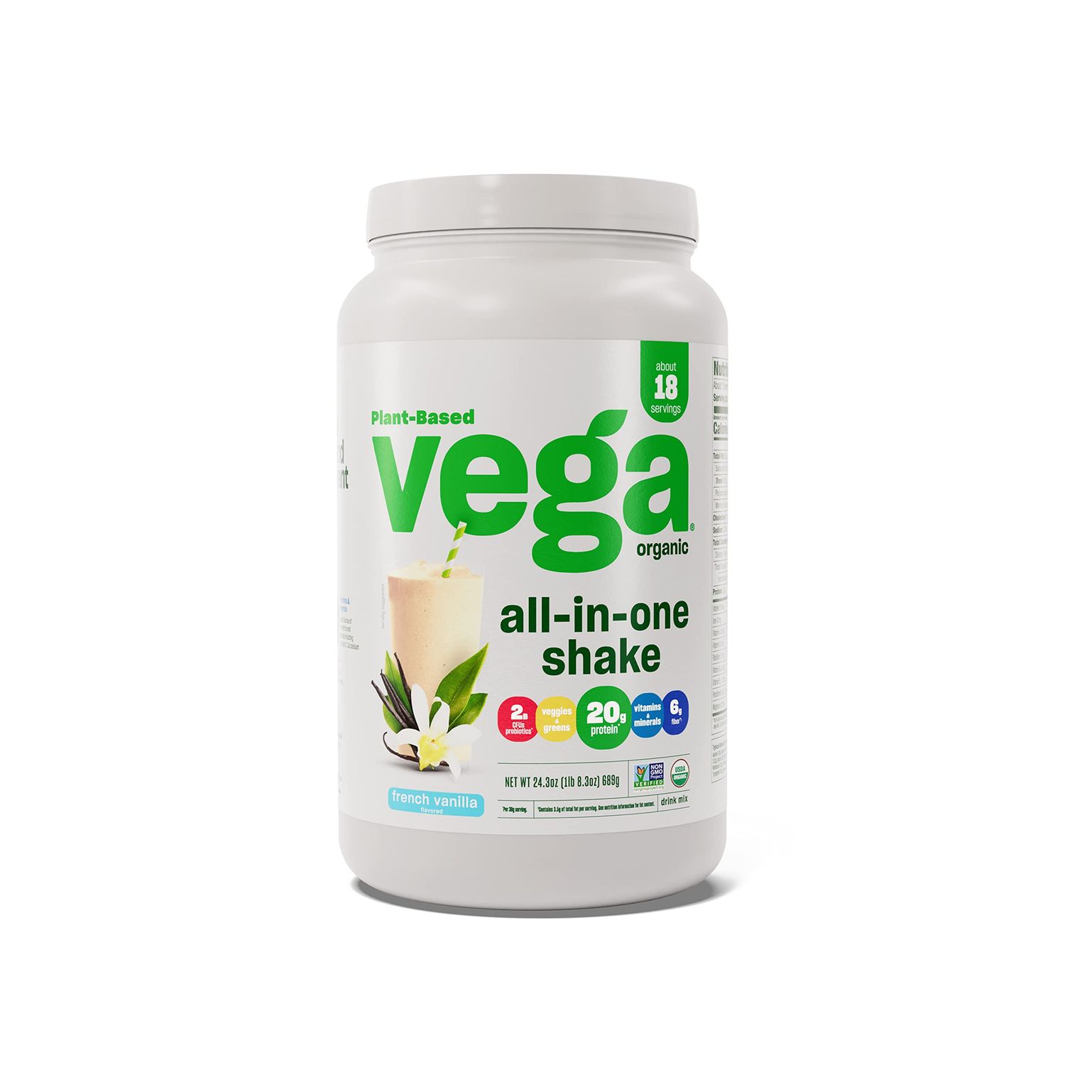 Vega Organic All-in-One Vegan Protein Powder, French Vanilla -Superfood Ingredients, Vitamins for Immunity Support, Keto Friendly, Pea Protein for Women &amp; Men, 1 lbs (Packaging May Vary)