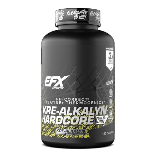 EFX Sports Kre-Alkalyn Hardcore | Thermogenic pH Correct Creatine Monohydrate Pill Supplement | Energy &amp; Strength Pre Workout | 60 Servings, 180 Capsules