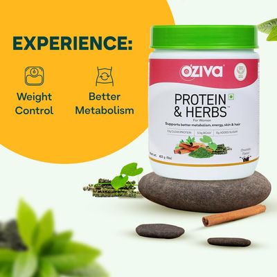 OZIVA Protein &amp; Herbs for Women | 500 Gm (16 Servings)| with Multivitamins, Curcumin, Shatavari, Tulsi for Support Metabolism, Hormonal Balance &amp; Skin, Hair Health (1.1 Lb)