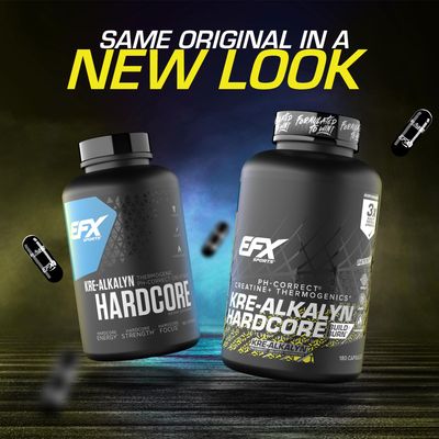 EFX Sports Kre-Alkalyn Hardcore | Thermogenic pH Correct Creatine Monohydrate Pill Supplement | Energy & Strength Pre Workout | 60 Servings, 180 Capsules