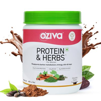 OZIVA Protein &amp; Herbs for Women | 500 Gm (16 Servings)| with Multivitamins, Curcumin, Shatavari, Tulsi for Support Metabolism, Hormonal Balance &amp; Skin, Hair Health (1.1 Lb)