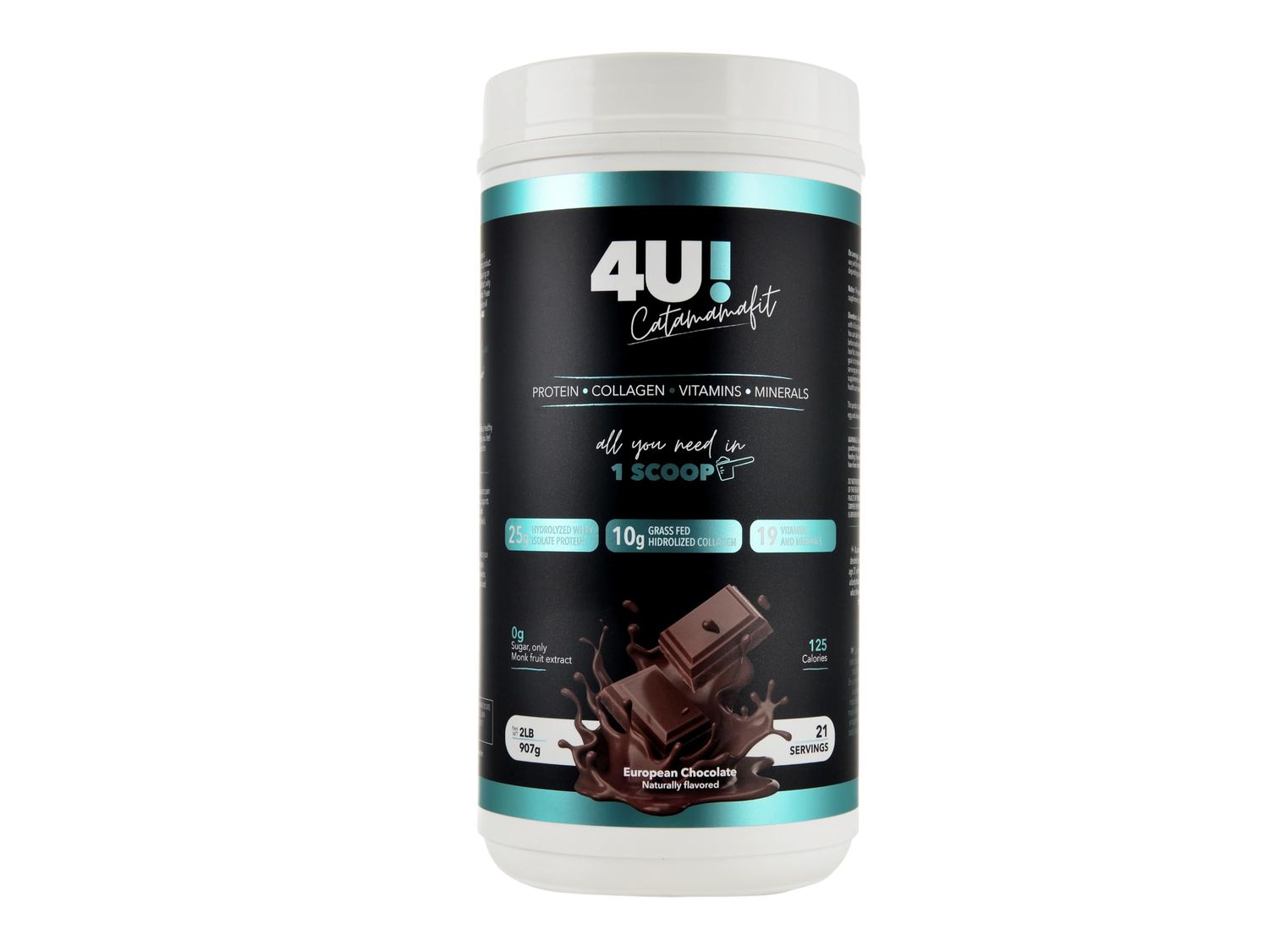 Catamamafit 4U! Chocolate Protein Powder, 25g Hydrolyzed Whey Isolate, 10g Hydrolyzed Collagen, 19 Vitamins &amp; Minerals, No Sugar, Gluten Free, 2 lbs (907g)