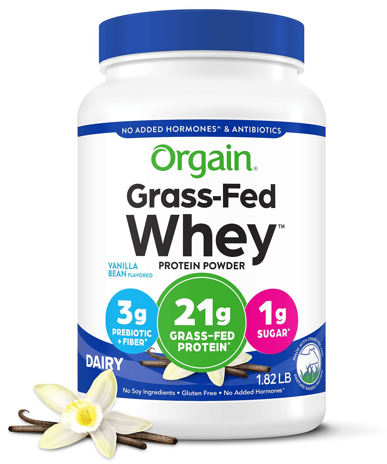 Orgain Whey Protein Powder, Vanilla Bean- 21g Grass Fed Dairy Protein, 5g BCAAs, 3g Prebiotic Fiber, No Sugar Added, No Added Hormones, Gluten Free, Kosher, For Shakes &amp; Smoothies - 1.82lb