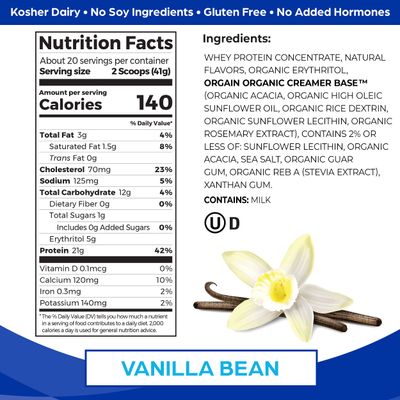 Orgain Whey Protein Powder, Vanilla Bean- 21g Grass Fed Dairy Protein, 5g BCAAs, 3g Prebiotic Fiber, No Sugar Added, No Added Hormones, Gluten Free, Kosher, For Shakes &amp; Smoothies - 1.82lb