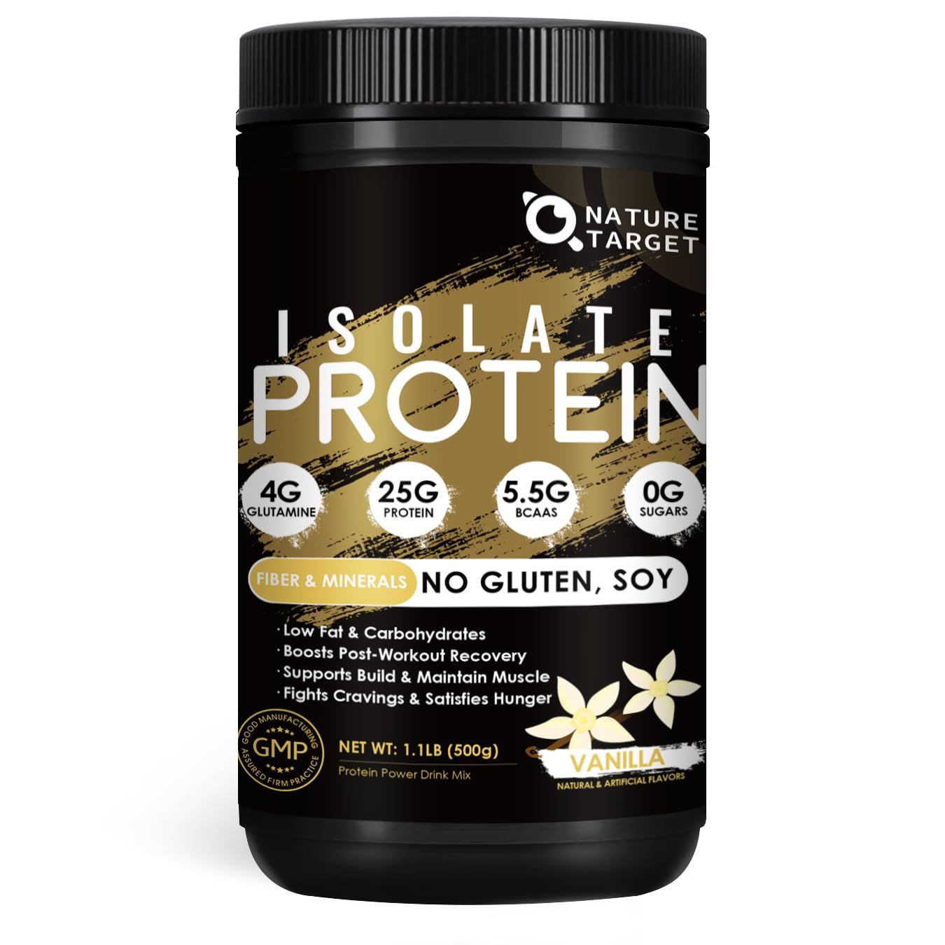 NATURE TARGET Isolate Whey Protein Powder Vanilla, 25g Protein Low Carb Sugar-Free &amp; Gluten-Free, 5.5g BCAAs, Rich in Fibers &amp; Minerals, 1.1 Pound, 16 Servings