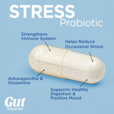 Gut Response Stress Probiotic for Men &amp; Women, Slows Down Digestive Aging, Boosts Immune System, Promotes Calmness, Ashwagandha, L-Glutamine, Non-GMO, Gluten Free &amp; Vegan, 5 Billion CFU, 30 Caplets