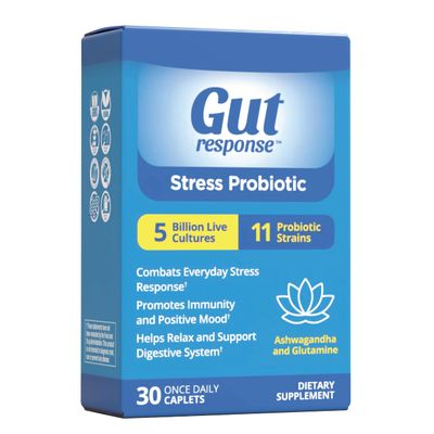 Gut Response Stress Probiotic for Men &amp; Women, Slows Down Digestive Aging, Boosts Immune System, Promotes Calmness, Ashwagandha, L-Glutamine, Non-GMO, Gluten Free &amp; Vegan, 5 Billion CFU, 30 Caplets