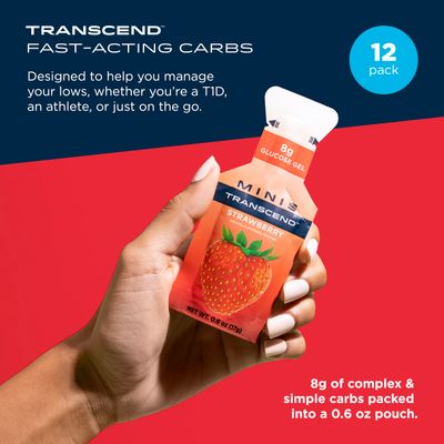 Transcend Foods Mini Strawberry Gel (.6 oz, Pack of 12) Fast-Acting Carb Gel Strawberry Flavor - Travel Size, Caffeine Free, Gluten Free