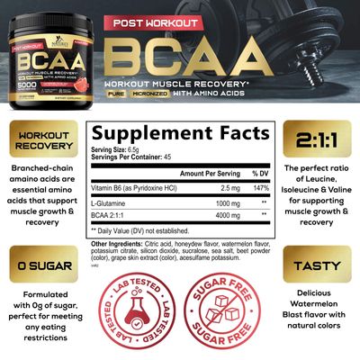 BCAA Powder, 4g BCAAs 2:1:1, 1g Glutamine, B6 - Pre Workout Drink Energy Boost & Post Workout Muscle Recovery Amino Acids Supplement for Men & Women - Keto, Sugar Free, Watermelon Flavor - 45 Servings