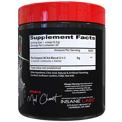 Insane Labz The Surgeon BCAA Recovery Powder - Branched Chain Amino Acid Post Workout Drink for Muscle Recovery - 30 Srvgs (30 Servings (Pack of 1), Fruit Punch)