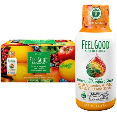 FeelGood Superfoods Vita Fruits and Veggies Immune Support Shot Supplements, Orange Flavor, Pack of 10 Immunity Shots, Immune System Booster Drink Made with 25 Organic Fruit &amp; Vegetables