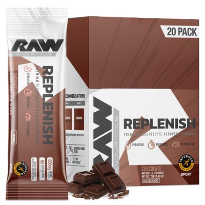 RAW Replenish Box, Premium Electrolytes Powder Recovery Formula, Chocolate (20 Sticks) - Flavored Electrolyte Drink Mix Supplement for Hydration, Replenishment, Endurance &amp; Performance