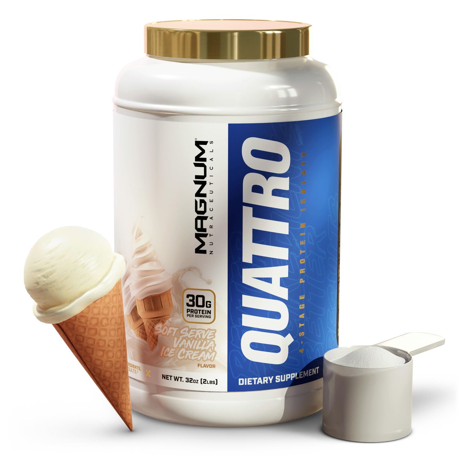 QUATTRO Magnum Nutraceuticals Whey Protein Powder, Vanilla Soft Serve Ice Cream 2lb - Premium Protein Isolate Blend for Muscle Growth &amp; Recovery