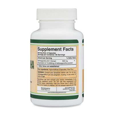 Ashwagandha Capsules, 120 Count (500mg Extract 20:1 Potency, Equivalent to 10,000mg Powder) Adaptogen Stress Relief by Double Wood