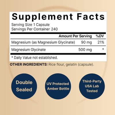 NatureBell Magnesium Glycinate Capsules 500mg | 240 Count, 100% Chelated &amp; Purified, 3rd Party Tested, Non-GMO &amp; Gluten Free