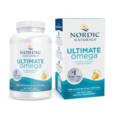 Nordic Naturals Ultimate Omega, Lemon Flavor - 180 Soft Gels - 1280 mg Omega-3 - High-Potency Omega-3 Fish Oil with EPA &amp; DHA - Promotes Brain &amp; Heart Health - Non-GMO - 90 Servings
