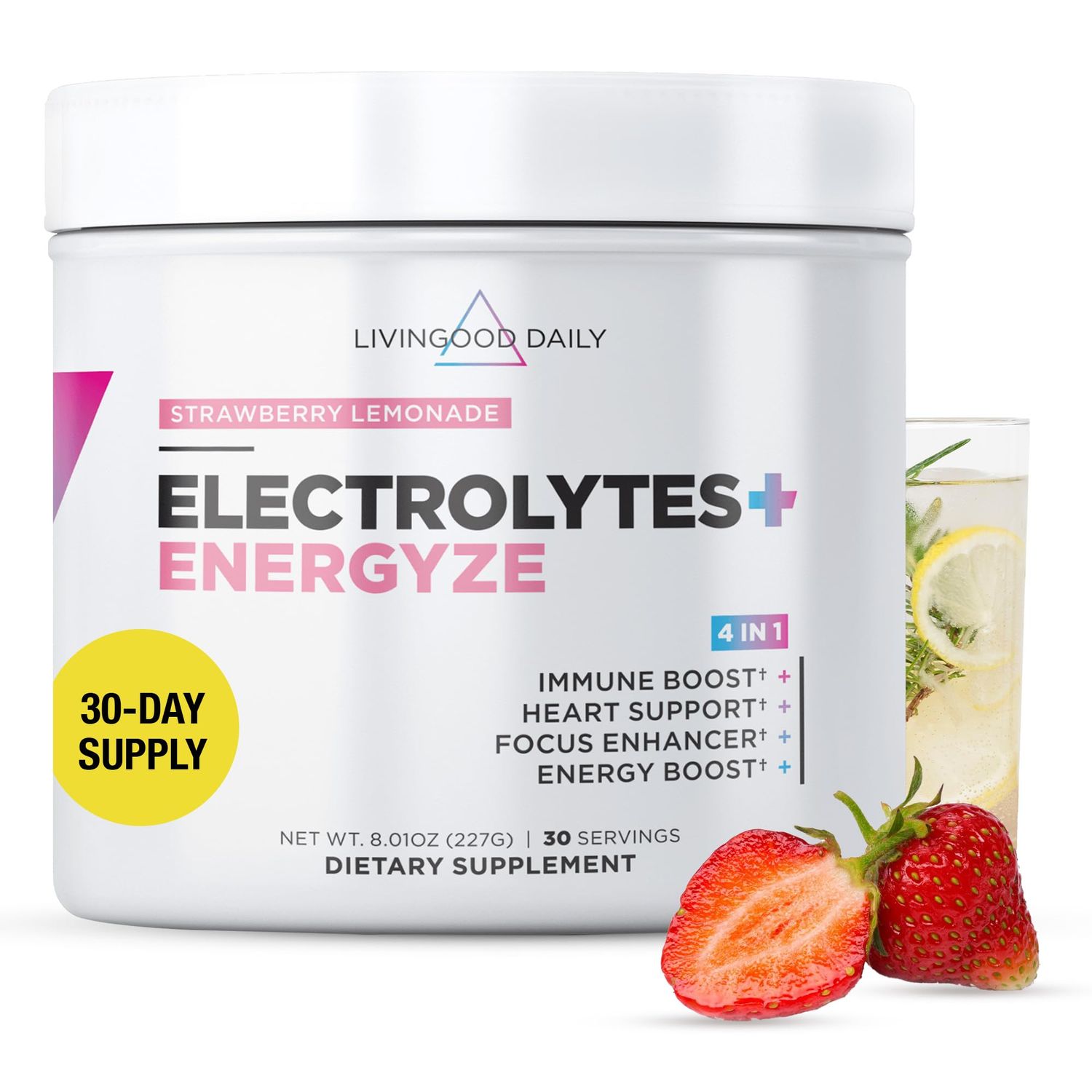 Livingood Daily Electrolytes Powder No Sugar - Keto Electrolytes Hydration Powder with Vitamin C, Taurine, D-Ribose &amp; FOS - Sugar Free Electrolyte Drink Mix - 30 Servings, Strawberry Lemonade
