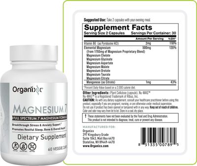 Organixx Magnesium Glycinate Supplement for Support Sleep, Muscle &amp; Heart Health, 7 Type Magnesium Complex with Vitamin B6, Manganese Citrate, Gluten Free, Vegan, Non GMO, High Absorption, 60 Capsules