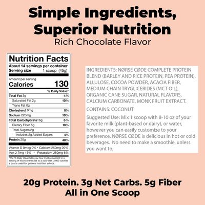 NRSE CDE Chocolate Protein Powder: 20g Plant-Based Protein - 1.39 lbs, 14 Servings