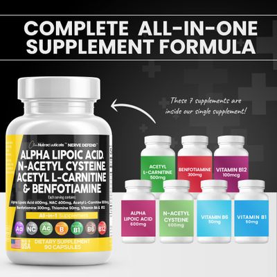 Alpha Lipoic Acid 600mg N-Acetyl Cysteine 600mg Acetyl L-Carnitine 500mg Benfotiamine 300mg - Nerve Support Supplement for Women and Men with Vitamin B1, B6 &amp; B12 - Made in USA 90 Caps