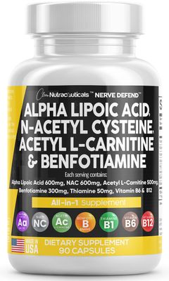 Alpha Lipoic Acid 600mg N-Acetyl Cysteine 600mg Acetyl L-Carnitine 500mg Benfotiamine 300mg - Nerve Support Supplement for Women and Men with Vitamin B1, B6 &amp; B12 - Made in USA 90 Caps