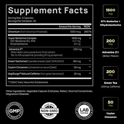 141,500mg Berberine GLP-1 Weight Loss Supplement + Dihydroberberine, Ceylon Cinnamon, Chromium Picolinate 1000mcg, Bitter Melon - 100x Strength Berberine 1500mg Appetite Suppressant Pills for Women