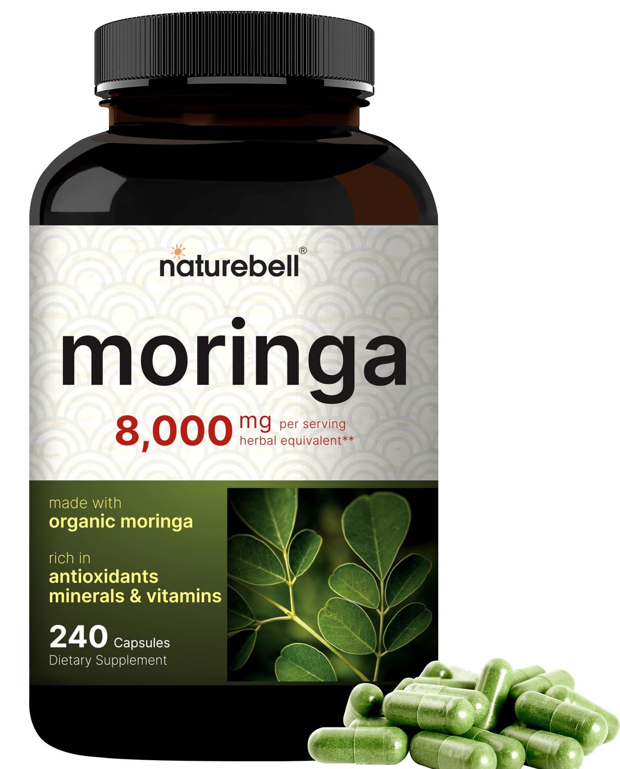 NatureBell Moringa Capsules 8000mg Per Serving, 240 Capsules | 4 Month Supply, Made with Moringa Powder Organic | Green Superfood, Skin Health &amp; Immune Support | Non-GMO, Gluten Free
