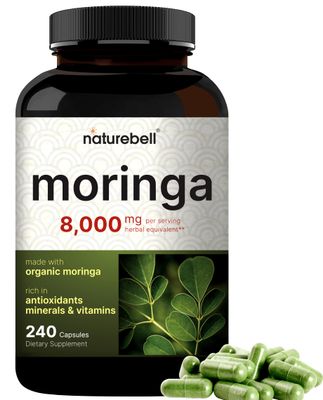 NatureBell Moringa Capsules 8000mg Per Serving, 240 Capsules | 4 Month Supply, Made with Moringa Powder Organic | Green Superfood, Skin Health &amp; Immune Support | Non-GMO, Gluten Free