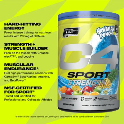 Cellucor C4 Sport Strength Pre Workout Powder - NSF Certified for Sport - Beta-Alanine, Creatine, 200mg Caffeine - Sugar Free Energy Supplement for Men &amp; Women - Hawaiian Punch Berry Blue, 20 Servings