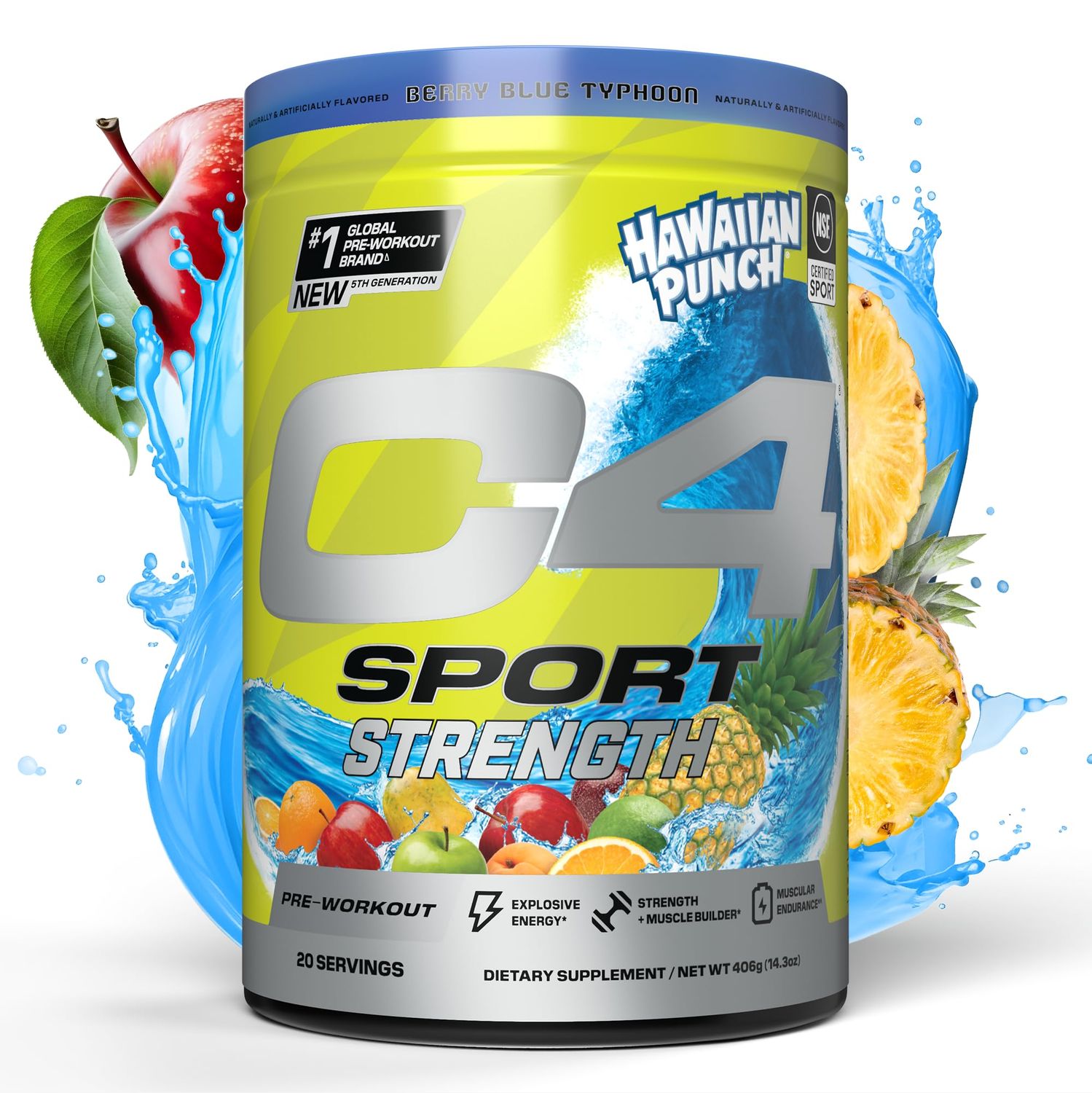 Cellucor C4 Sport Strength Pre Workout Powder - NSF Certified for Sport - Beta-Alanine, Creatine, 200mg Caffeine - Sugar Free Energy Supplement for Men &amp; Women - Hawaiian Punch Berry Blue, 20 Servings