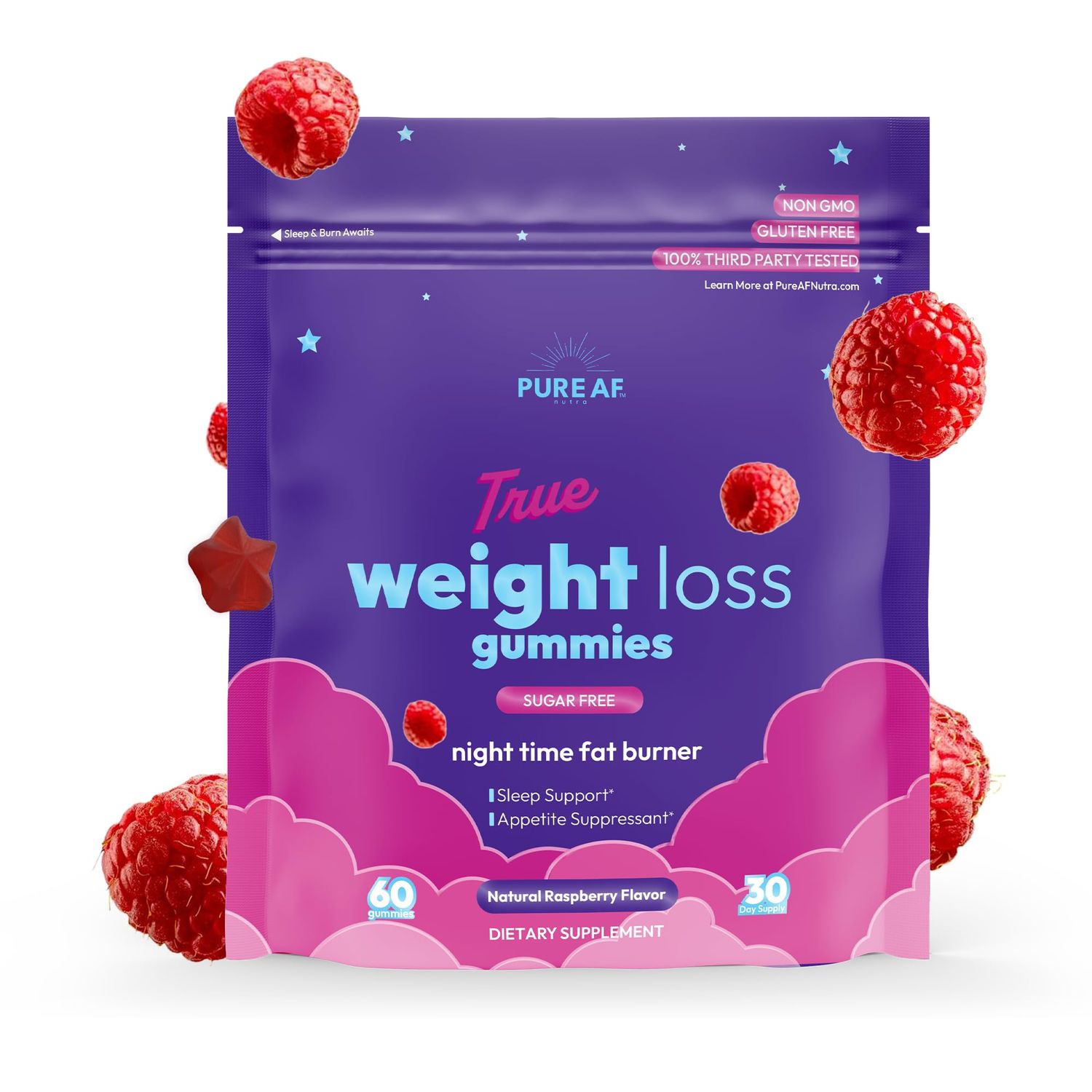 Night Time Fat Burner Gummies by Pure AF, Sugar Free, Night Time Fat Burner &amp; Sleep Support Gummies, Appetite Suppressant Gummies, 60 Count, Natural Raspberry Flavor, 1 Month Supply