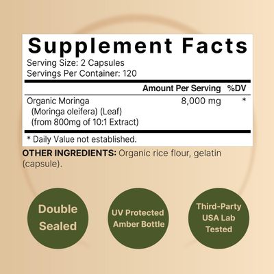NatureBell Moringa Capsules 8000mg Per Serving, 240 Capsules | 4 Month Supply, Made with Moringa Powder Organic | Green Superfood, Skin Health &amp; Immune Support | Non-GMO, Gluten Free