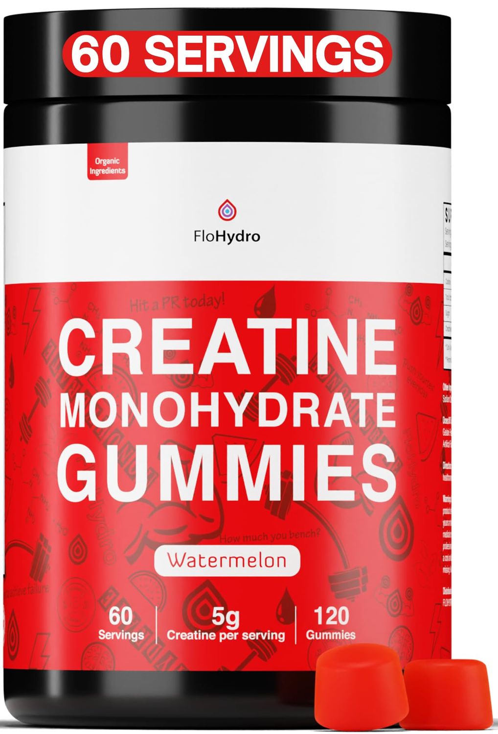 FloHydro Creatine Monohydrate Gummies for Gym Bros | 60 Servings | 5g Creatine Monohydrate per Serving | 120 creatine Gummies with Zero Sugar | All Organic Ingredients