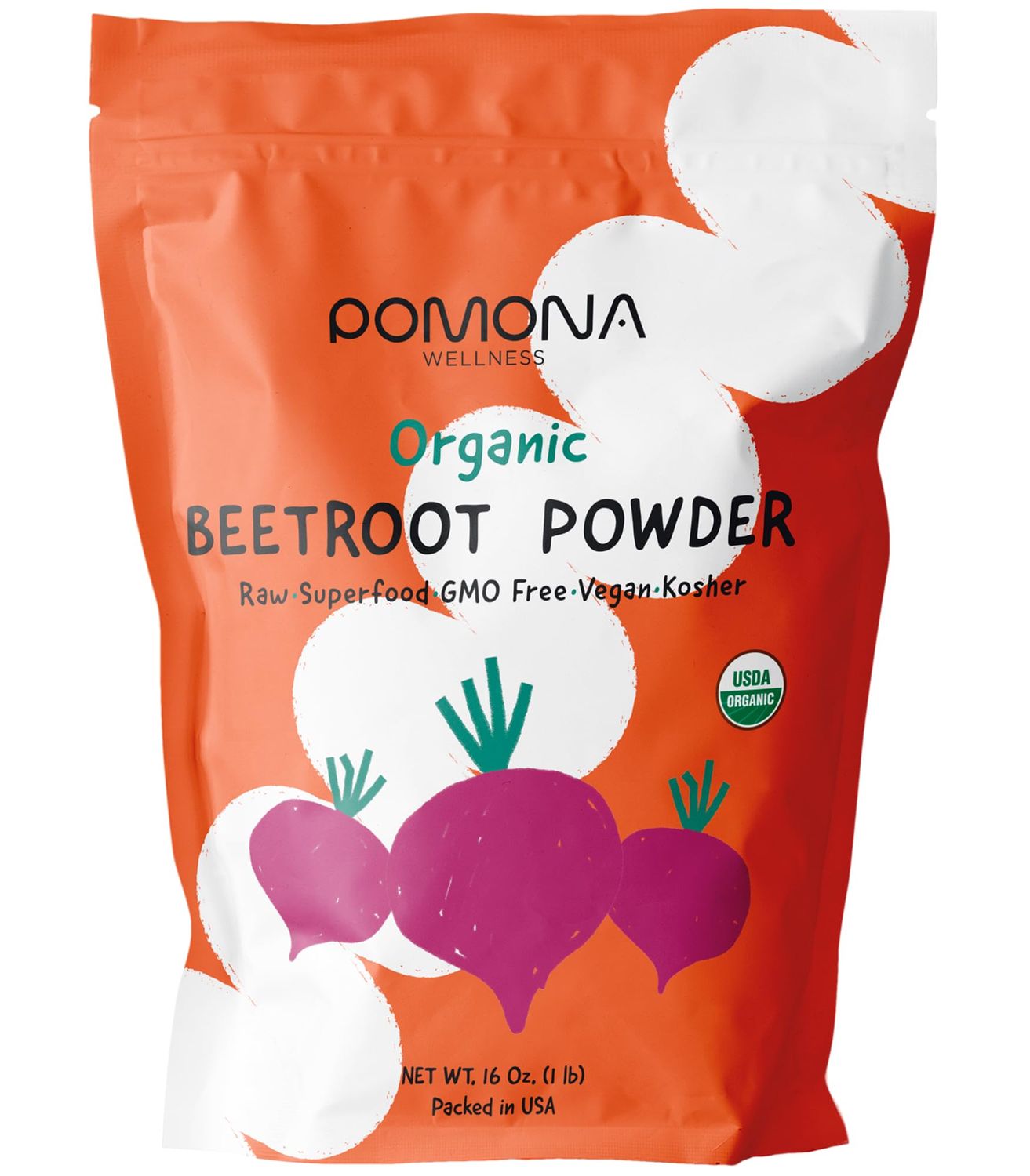Pomona Wellness Organic Beetroot Powder, Superfood, Raw, Vegan &amp; Non-GMO, Nitric Oxide Booster, Beet Pre Workout Powder, Natural Nitrates for Energy Support &amp; Immune System, USDA Organic, 1 lb Bag