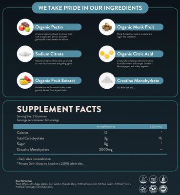 FloHydro Creatine Monohydrate Gummies for Gym Bros | 60 Servings | 5g Creatine Monohydrate per Serving | 120 creatine Gummies with Zero Sugar | All Organic Ingredients
