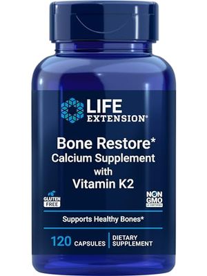 Life Extension Bone Restore + Vitamin K2 Vitamins &amp; Minerals Maintain Bone Health &amp; Strength - Fortifying Nutrients Calcium, D3 &amp; Important Bone Building Minerals - Non-GMO, Gluten-Free -120 Capsules