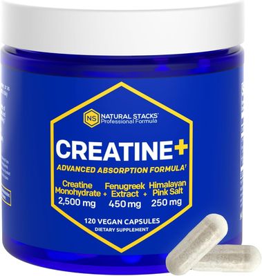 NATURAL STACKS Creatine Monohydrate Pills 2500mg - Maximum Absorption Formula w/Himalayan Salt &amp; Fenugreek | Supports Brain Health, Endurance &amp; Muscle Building - 120 Creatine Capsules