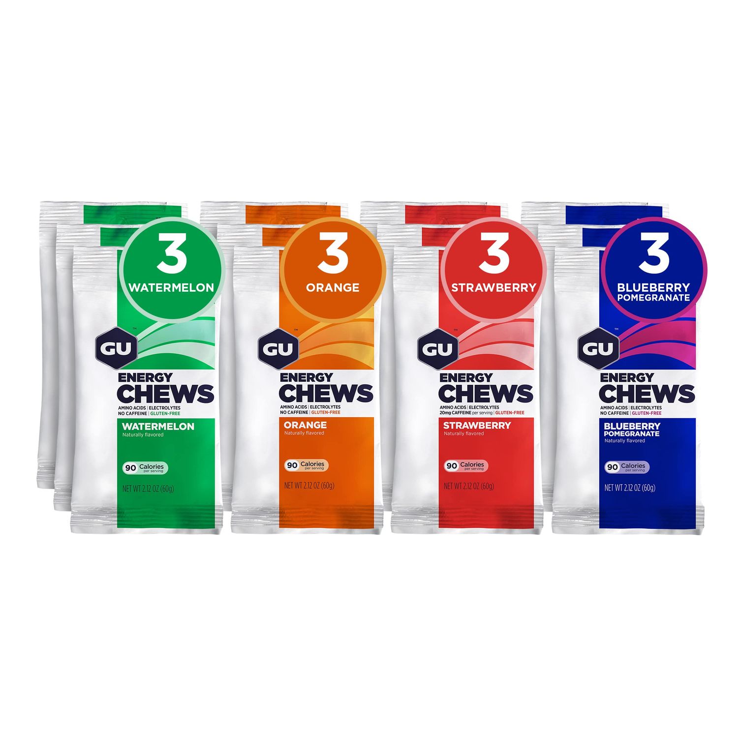 GU Energy Chews, Variety Pack Energy Gummies with Electrolytes, Vegan, Gluten-Free, Kosher, Caffeine/Caffeine-Free, and Dairy-Free On-The-Go Energy for Any Workout, 12 Bags (24 Servings Total)