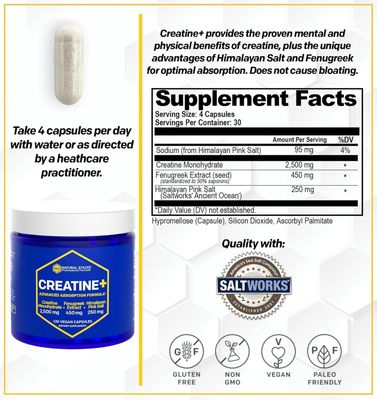 NATURAL STACKS Creatine Monohydrate Pills 2500mg - Maximum Absorption Formula w/Himalayan Salt & Fenugreek | Supports Brain Health, Endurance & Muscle Building - 120 Creatine Capsules