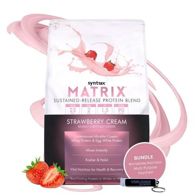Syntrax Bundle: Matrix Protein Powder 5.0 Sustained-Release Casein Protein and Whey Protein Powder - Instant Mix Strawberry Cream Protein Powder Flavor, 5lbs with Worldwide Nutrition Keychain