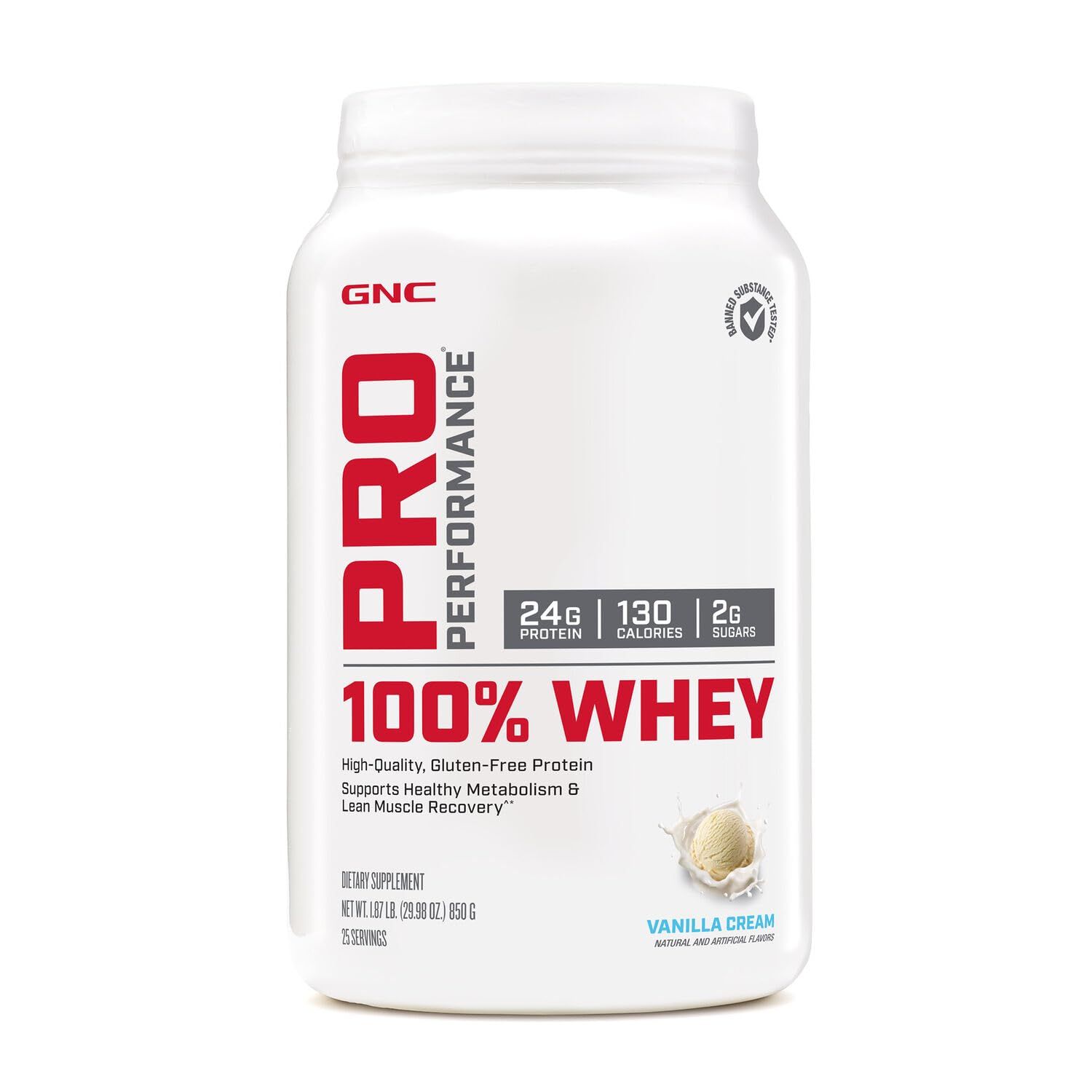 GNC Pro Performance 100% Whey Protein Powder | Supports Healthy Metabolism and Lean Muscle Recovery | Vanilla Cream | 25 Servings