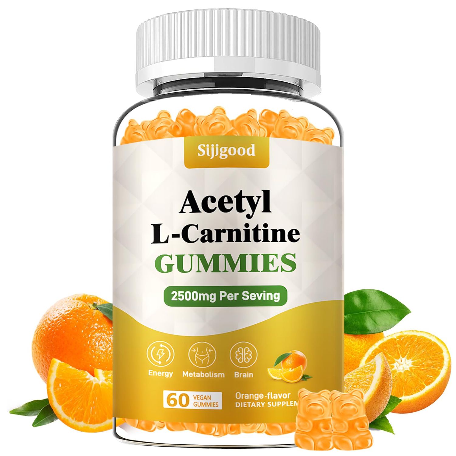 Sijigood Acetyl L-Carnitine Supplement 2500mg, Natural Nutrition Supplement for Boost Energy, Immunity &amp; Metabolism, Vegan, Orange Flavor, 60 Count