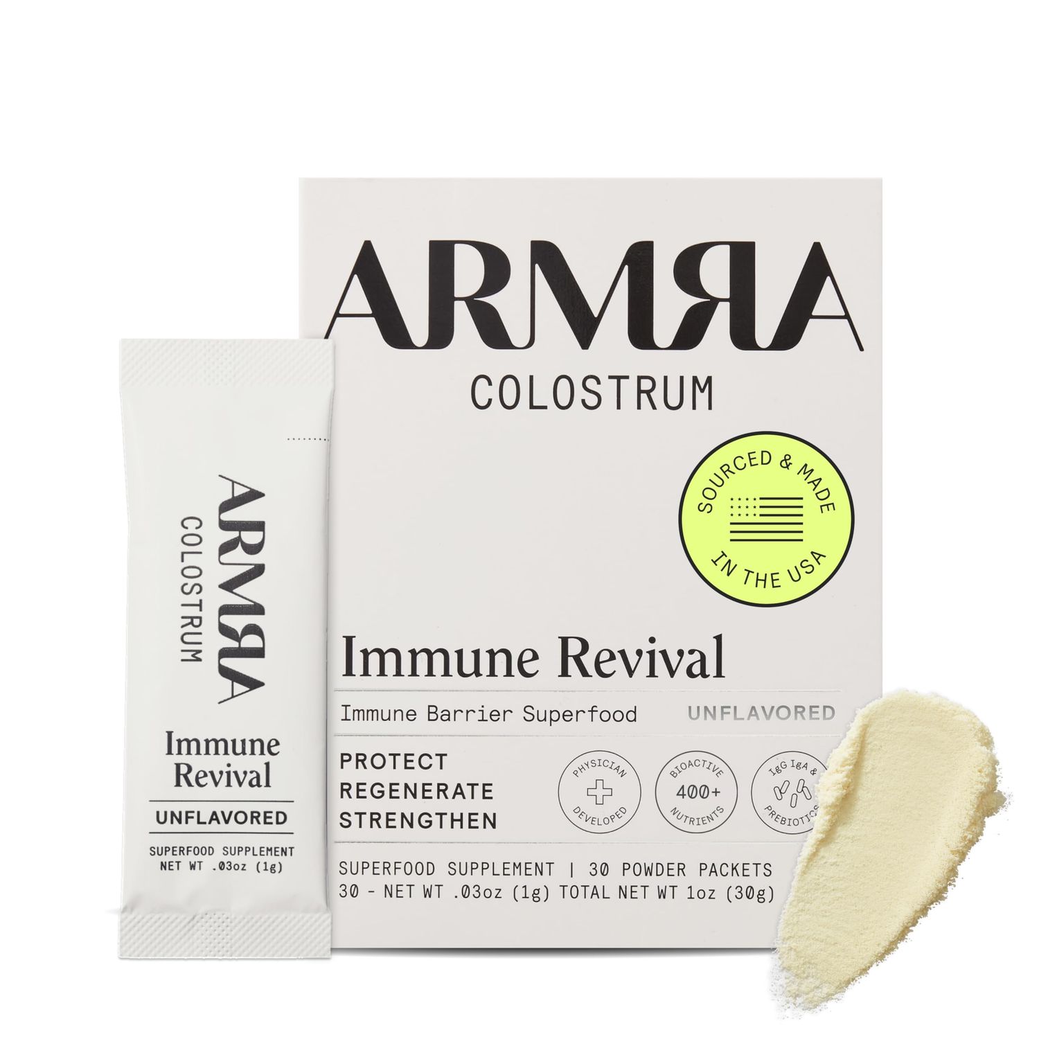 ARMRA Colostrum Premium Powder, Grass Fed, Gut Health Bloating Immunity Skin &amp; Hair, Contains 400+ Bioactive Nutrients, Potent Bioavailable, Keto, Gluten &amp; Fat Free (Unflavored | 30 Servings)