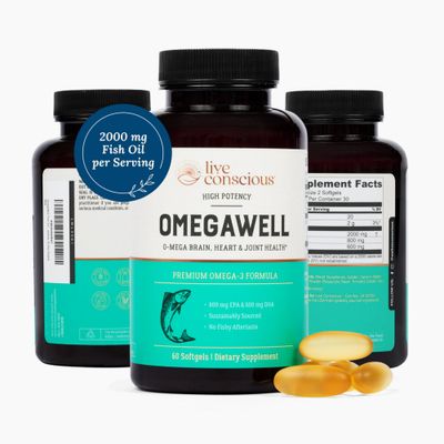 OmegaWell Omega 3 Fish Oil - 2000mg Capsules: Heart, Brain, &amp; Joint Support - 800 mg EPA 600 mg DHA - Sustainably Sourced - Omega 3 Fish Oil Mini Softgels - 30 Day Supply